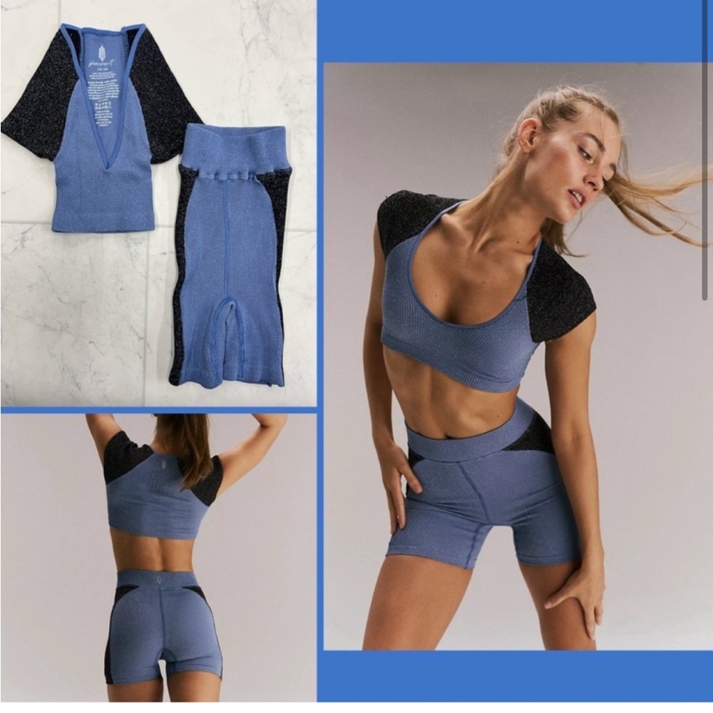 FREE PEOPLE | NWOT Rise And Shine Set in Blue / Black Combo